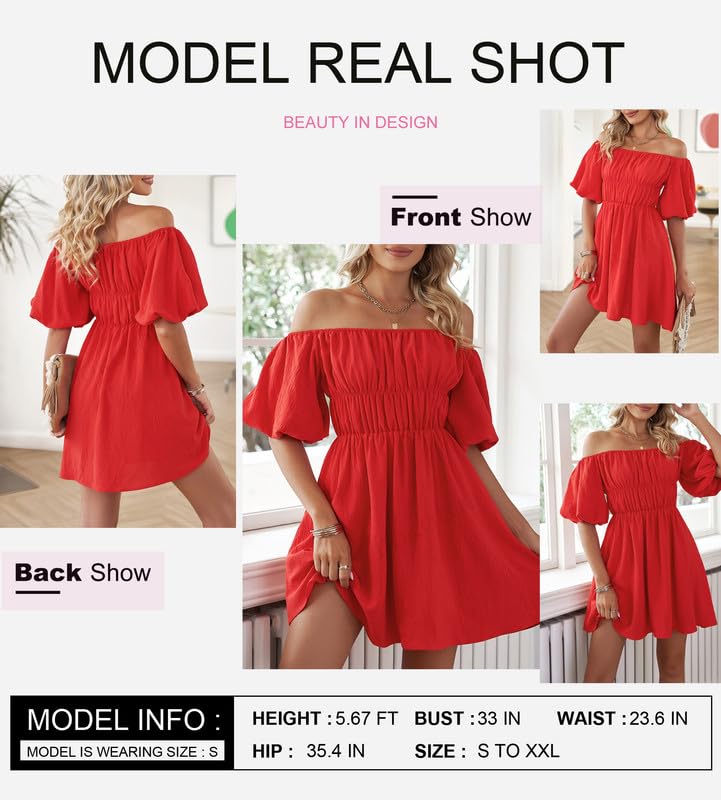Dokotoo Women's Square Neck Off Shoulder Spring Dresses Lantern Sleeve Ruffle A-Line Red Dress Elastic Waist Flowy Swing Beach Dress Large - Image 4
