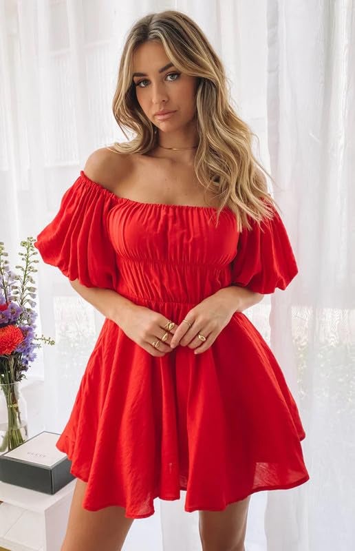 Dokotoo Women's Square Neck Off Shoulder Spring Dresses Lantern Sleeve Ruffle A-Line Red Dress Elastic Waist Flowy Swing Beach Dress Large - Image 3