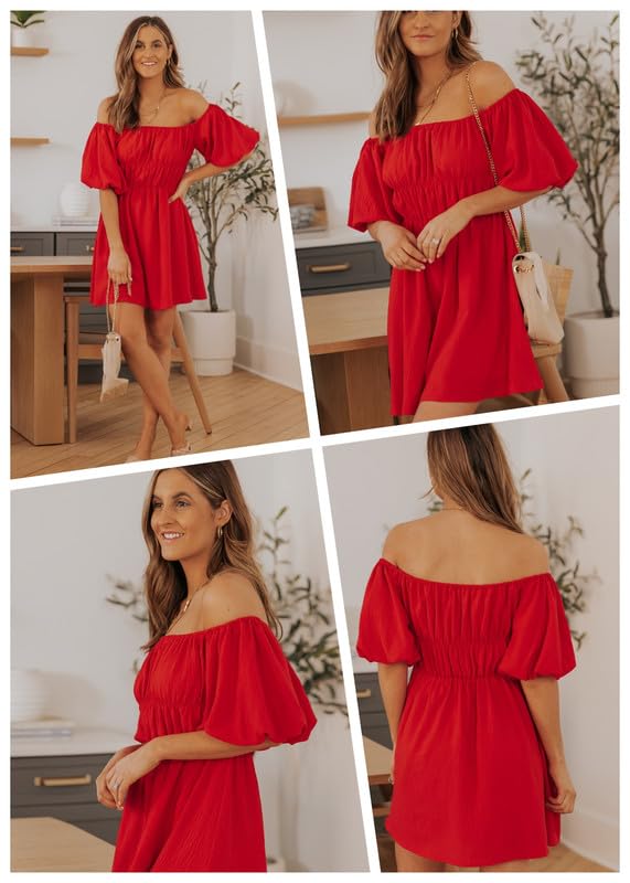 Dokotoo Women's Square Neck Off Shoulder Spring Dresses Lantern Sleeve Ruffle A-Line Red Dress Elastic Waist Flowy Swing Beach Dress Large - Image 2