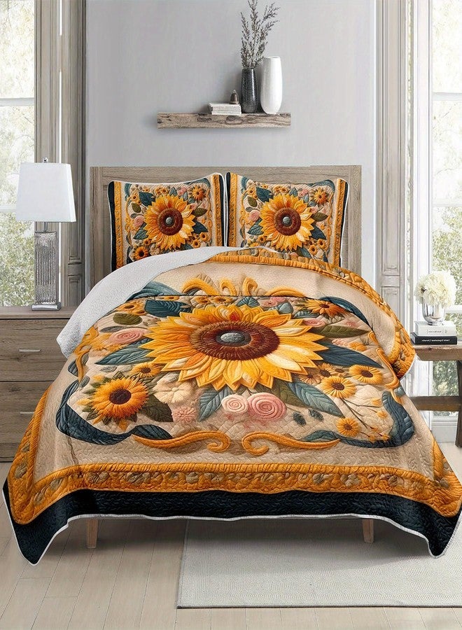 Tuzaovy Sunflower Quilt Set Queen Size,Yellow Floral Print Quilt Bedding for Girls and Teen Boys Room Decor,Vintage Bed Cover Queen Bedding Set,Luxury Bedspread Bedroom Decor - Image 5
