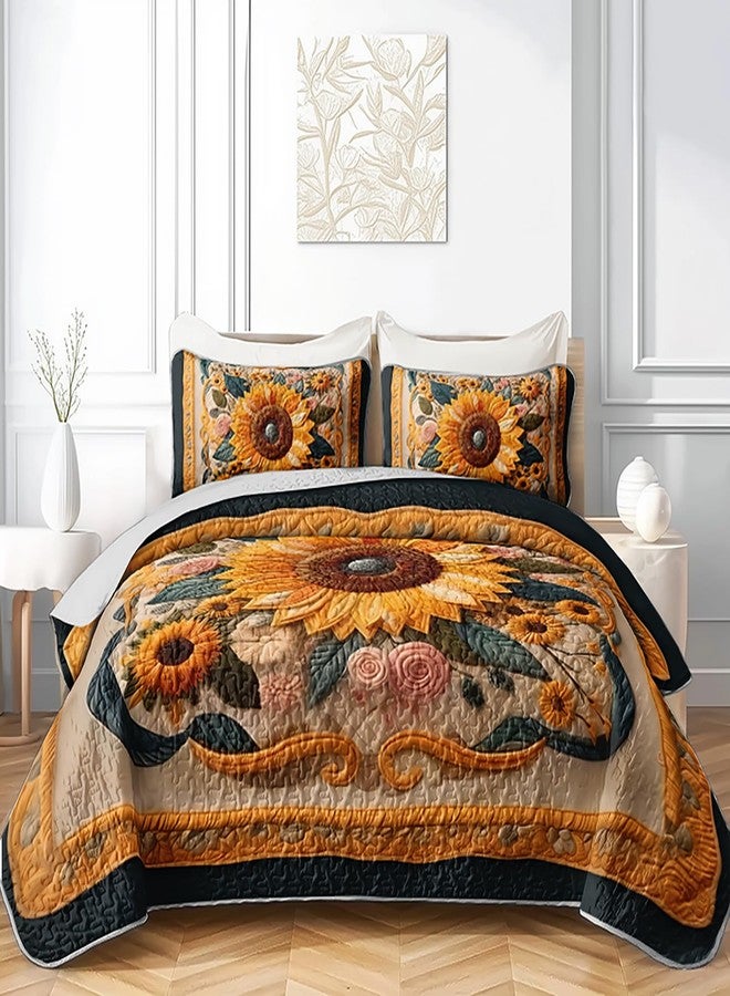 Tuzaovy Sunflower Quilt Set Queen Size,Yellow Floral Print Quilt Bedding for Girls and Teen Boys Room Decor,Vintage Bed Cover Queen Bedding Set,Luxury Bedspread Bedroom Decor - Image 3
