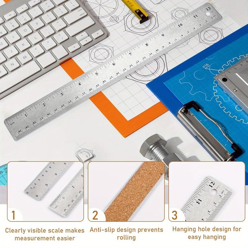 مسطرة من الفولاذ المقاوم للصدأ مع ظهر من الفلين، مقاس 12 بوصة، غير قابلة للانزلاق، مزدوجة المقياس، للاستخدام في المدرسة والمكتب والرسم الهندسي - Image 2