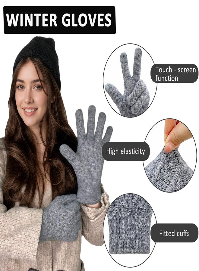 HOPSOOKEN Winter Wool Gloves for Women Men Warm Touch Screen Fleece Lined Elastic Knit Snow Gloves for Cold Weather, Grey, One size - Image 3