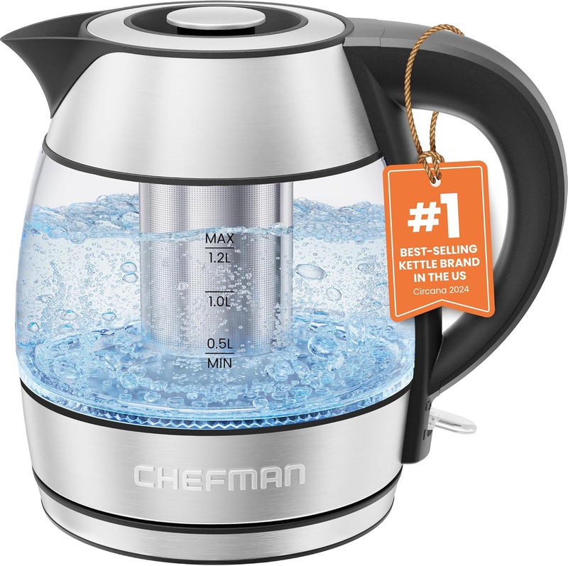 Chefman Electric Kettle - 1.2L 1500W Hot Water Tea Pot with Infuser, BPA Free, Auto Shut Off, Boil-Dry Protection, Removable Lid, LED Light, Cordless Glass Electric Tea Kettle – Stainless Steel - Image 1