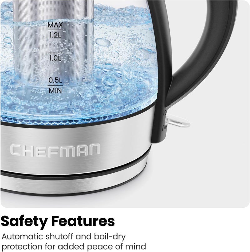Chefman Electric Kettle - 1.2L 1500W Hot Water Tea Pot with Infuser, BPA Free, Auto Shut Off, Boil-Dry Protection, Removable Lid, LED Light, Cordless Glass Electric Tea Kettle – Stainless Steel - Image 5