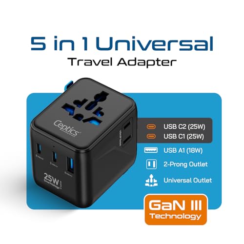 Ceptics 5 in 1 Universal Charger Adapter, Fast Charging with 2 USB-C 25W and 18W USB-A Port, All-in-One International Charger for EU, UK, USA, AUS – Black, Lifetime Limited Warranty - Image 2