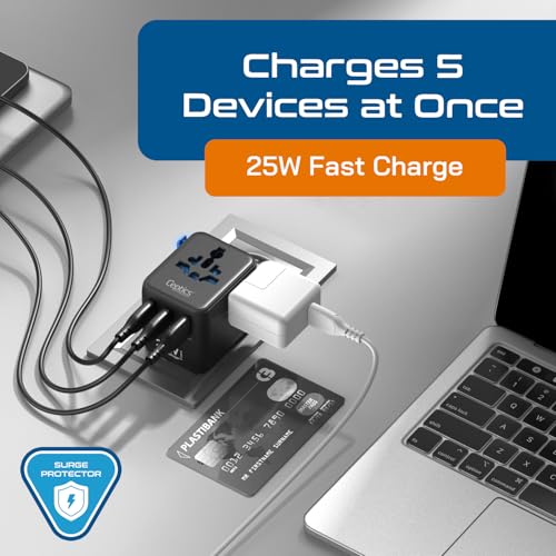 Ceptics 5 in 1 Universal Charger Adapter, Fast Charging with 2 USB-C 25W and 18W USB-A Port, All-in-One International Charger for EU, UK, USA, AUS – Black, Lifetime Limited Warranty - Image 4