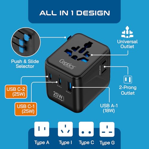 Ceptics 5 in 1 Universal Charger Adapter, Fast Charging with 2 USB-C 25W and 18W USB-A Port, All-in-One International Charger for EU, UK, USA, AUS – Black, Lifetime Limited Warranty - Image 3