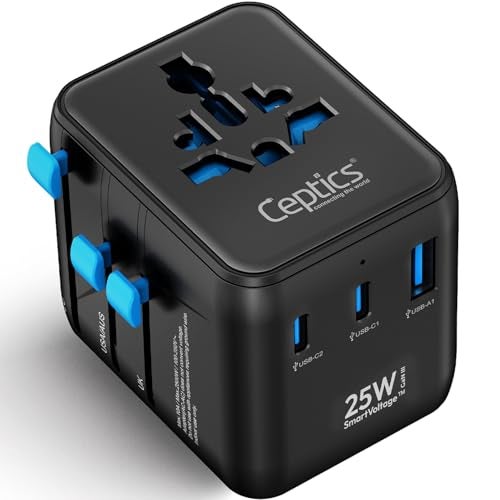Ceptics 5 in 1 Universal Charger Adapter, Fast Charging with 2 USB-C 25W and 18W USB-A Port, All-in-One International Charger for EU, UK, USA, AUS – Black, Lifetime Limited Warranty - Image 1