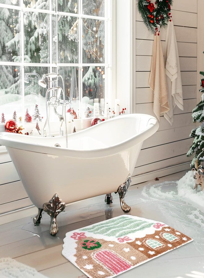 وولاين سجادة حمام عيد الميلاد من والين، ماصة للماء، بتصميم منزل خبز الزنجبيل بألوان الباستيل، سجادة حمام منسوجة مانعة للانزلاق، سجادة دش، سجادة باب أمامي لفصل الشتاء وعيد الميلاد، مقاس 20 بوصة × 31.5 بوصة - Image 3