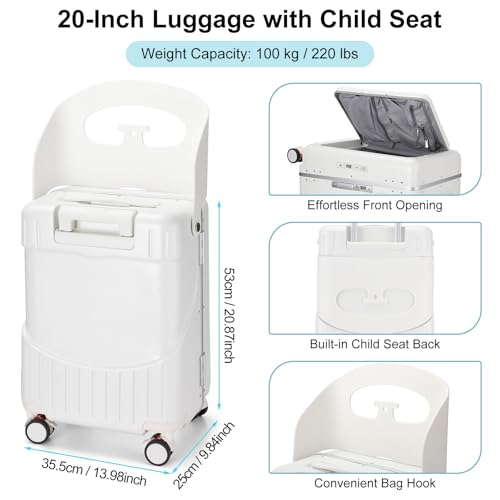 Bulyoou 20 Inch Ride on Luggage with Seat for Kids Top Opening Aluminum Frame Suitcase with Spinner Wheels Locks for Travel(White) - Image 3