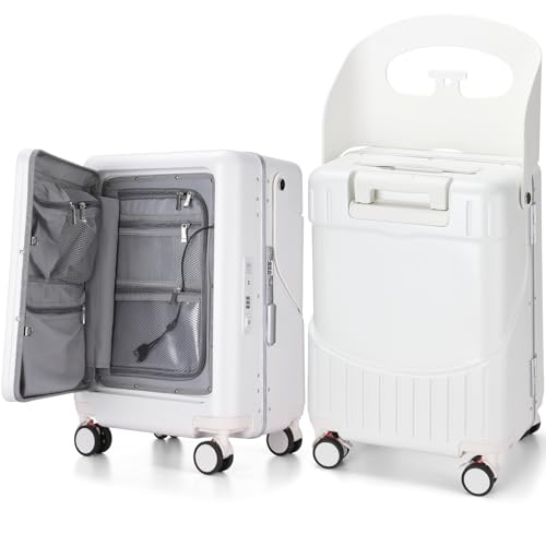 Bulyoou 20 Inch Ride on Luggage with Seat for Kids Top Opening Aluminum Frame Suitcase with Spinner Wheels Locks for Travel(White) - Image 1