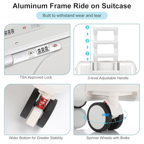 Bulyoou 20 Inch Ride on Luggage with Seat for Kids Top Opening Aluminum Frame Suitcase with Spinner Wheels Locks for Travel(White) - Image 4