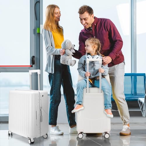 Bulyoou 20 Inch Ride on Luggage with Seat for Kids Top Opening Aluminum Frame Suitcase with Spinner Wheels Locks for Travel(White) - Image 2