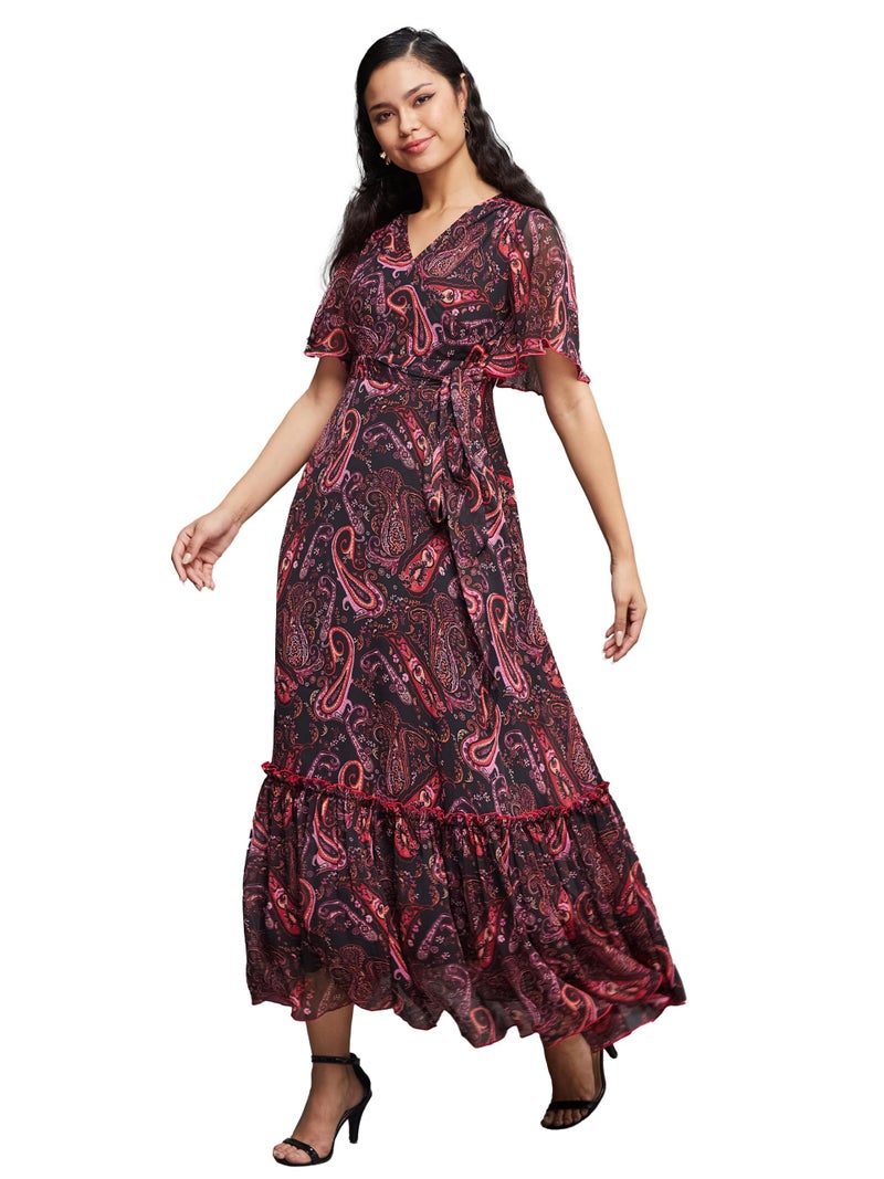 Miss Chase Women's Bohemian V-Neck Flutter Sleeve Chiffon Relaxed Fit Wrap Maxi Dress with Pockets (MCAW21D06-14-171-09, Multicolored-Base-Black, 4XL) - Image 1