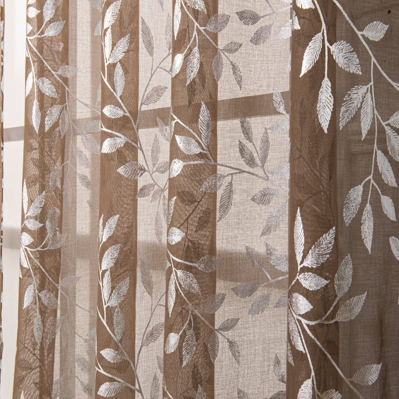Deeprove Sheer Curtains 63 Inch Length 2 Panels  Sparkle Foil Metallic Vine Leaves Print Window Treatments for Bedroom Kitchen Living Room Privacy Drapes Rod Pocket 52"" W x 63"" L  Taupe Silver - Image 2