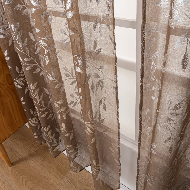 Deeprove Sheer Curtains 63 Inch Length 2 Panels  Sparkle Foil Metallic Vine Leaves Print Window Treatments for Bedroom Kitchen Living Room Privacy Drapes Rod Pocket 52"" W x 63"" L  Taupe Silver - Image 3