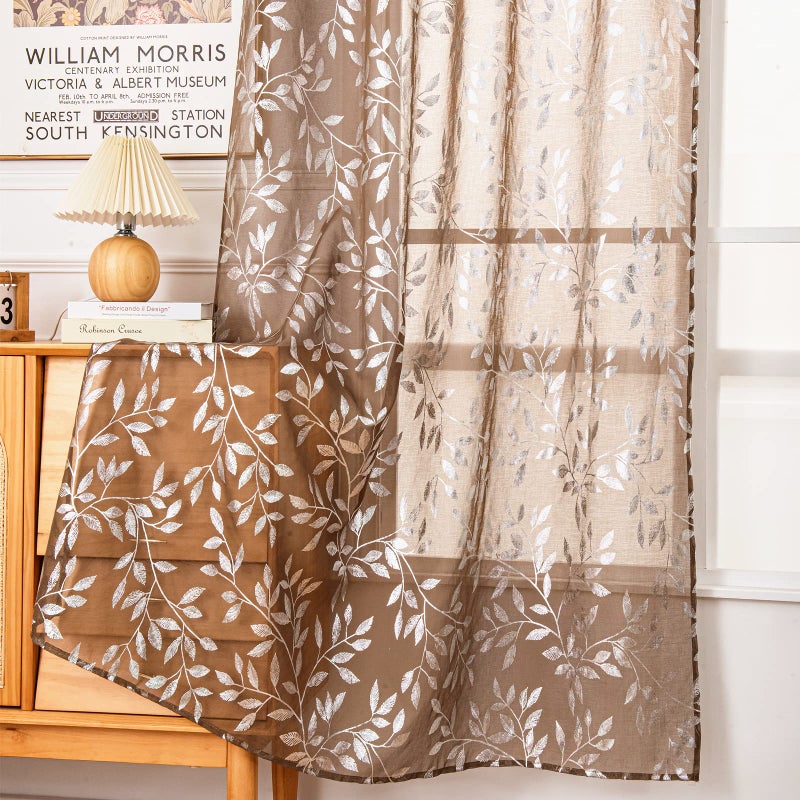 Deeprove Sheer Curtains 63 Inch Length 2 Panels  Sparkle Foil Metallic Vine Leaves Print Window Treatments for Bedroom Kitchen Living Room Privacy Drapes Rod Pocket 52"" W x 63"" L  Taupe Silver - Image 4
