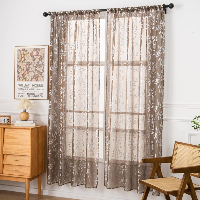 Deeprove Sheer Curtains 63 Inch Length 2 Panels  Sparkle Foil Metallic Vine Leaves Print Window Treatments for Bedroom Kitchen Living Room Privacy Drapes Rod Pocket 52"" W x 63"" L  Taupe Silver - Image 5