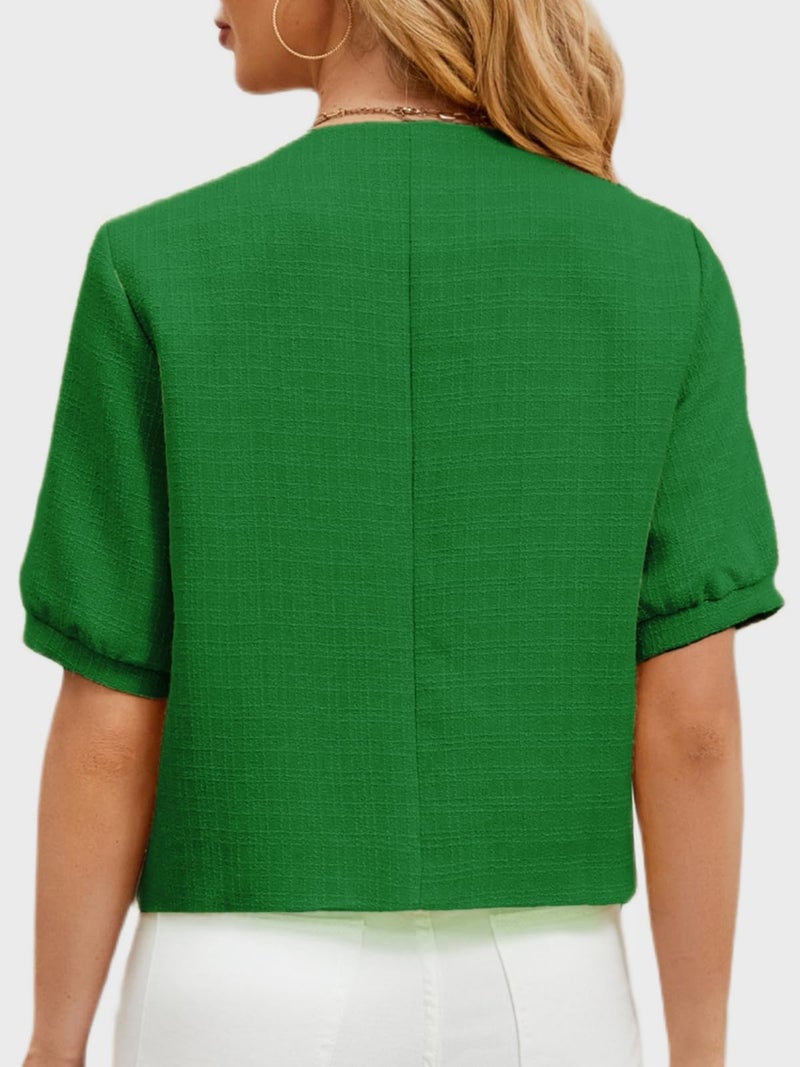 LifeShe Puff Short Sleeve Tweed Jacket Women Cropped Jackets Summer Open Front Office Work Blazer Coat - Image 2