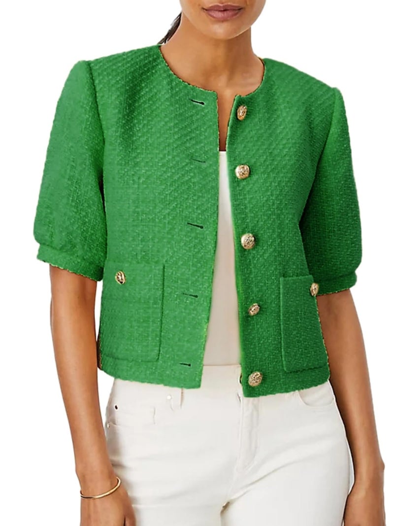 LifeShe Puff Short Sleeve Tweed Jacket Women Cropped Jackets Summer Open Front Office Work Blazer Coat - Image 1