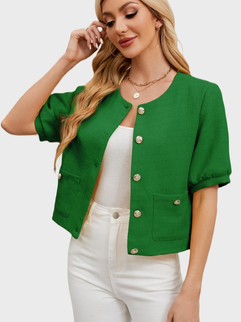 LifeShe Puff Short Sleeve Tweed Jacket Women Cropped Jackets Summer Open Front Office Work Blazer Coat - Image 4