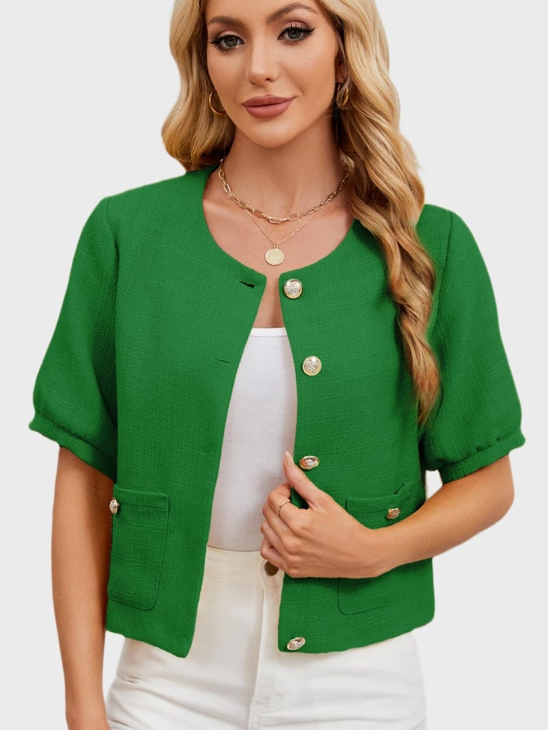 LifeShe Puff Short Sleeve Tweed Jacket Women Cropped Jackets Summer Open Front Office Work Blazer Coat - Image 3