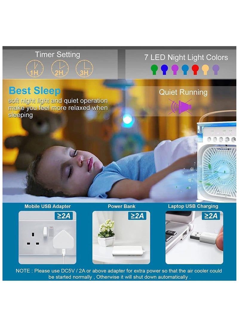 مروحة مبرد هواء محمولة، 3 سرعات للرياح، مرطب هواء بسعة 600 مل مع إضاءة ليلية LED 7 ثوانٍ ， مروحة تبريد شخصية، مبرد هواء، مروحة تبريد هواء، مروحة تبريد هواء مثلجة، 5 بخاخات للغرف الصغيرة، المكتب، المسكن، سطح المكتب （أبيض） - Image 5