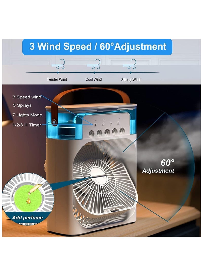 مروحة مبرد هواء محمولة، 3 سرعات للرياح، مرطب هواء بسعة 600 مل مع إضاءة ليلية LED 7 ثوانٍ ， مروحة تبريد شخصية، مبرد هواء، مروحة تبريد هواء، مروحة تبريد هواء مثلجة، 5 بخاخات للغرف الصغيرة، المكتب، المسكن، سطح المكتب （أبيض） - Image 4