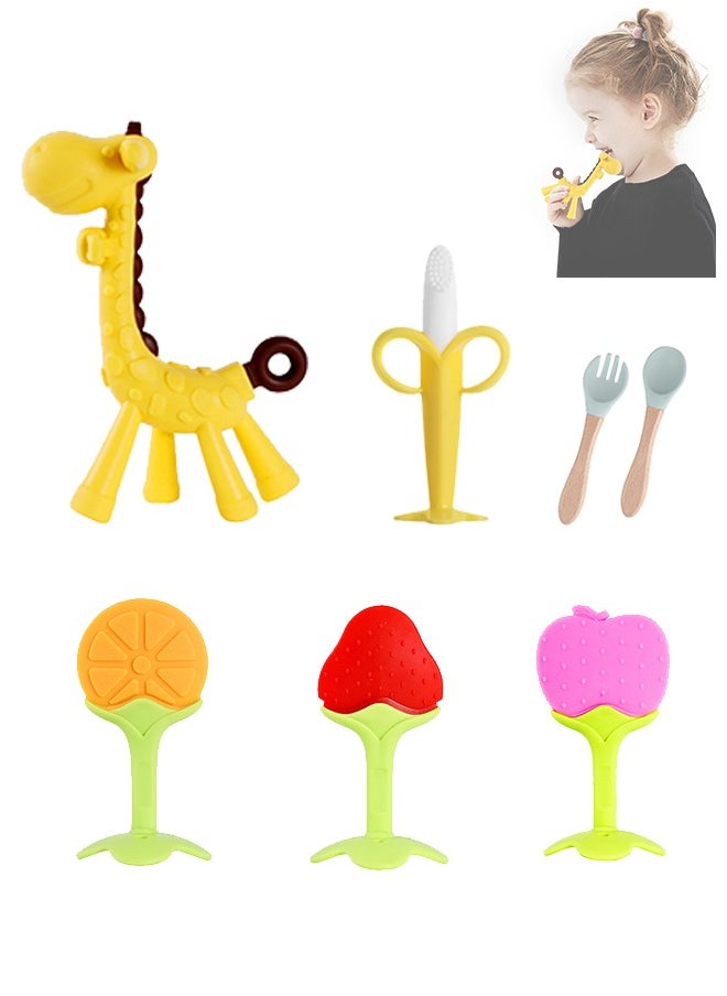 FUNCOT 7Pcs Baby Teething Toys Set, Silicone Baby Teether Freezer BPA Free, Soothe Babies Teething Relief Sore Gums, Banana Finger Toothbrush, Fruit Shape Giraffe Teether Set for Infant Boys and Girls  - Image 1