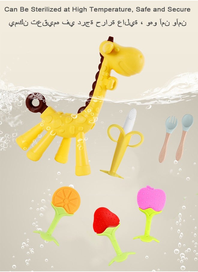 FUNCOT 7Pcs Baby Teething Toys Set, Silicone Baby Teether Freezer BPA Free, Soothe Babies Teething Relief Sore Gums, Banana Finger Toothbrush, Fruit Shape Giraffe Teether Set for Infant Boys and Girls  - Image 2