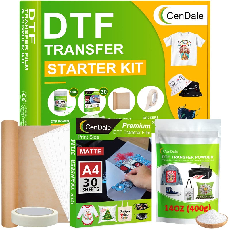CenDale DTF Sublimation Kit - 30 Sheets A4 DTF Film for Sublimation Hack, 14oz DTF Powder Whiteï¼ŒDTF Transfer Starter Kit, Hot & Cold Peel DTF Transfer Film and Powder Kit for DTF & Sublimation Printer - Image 1