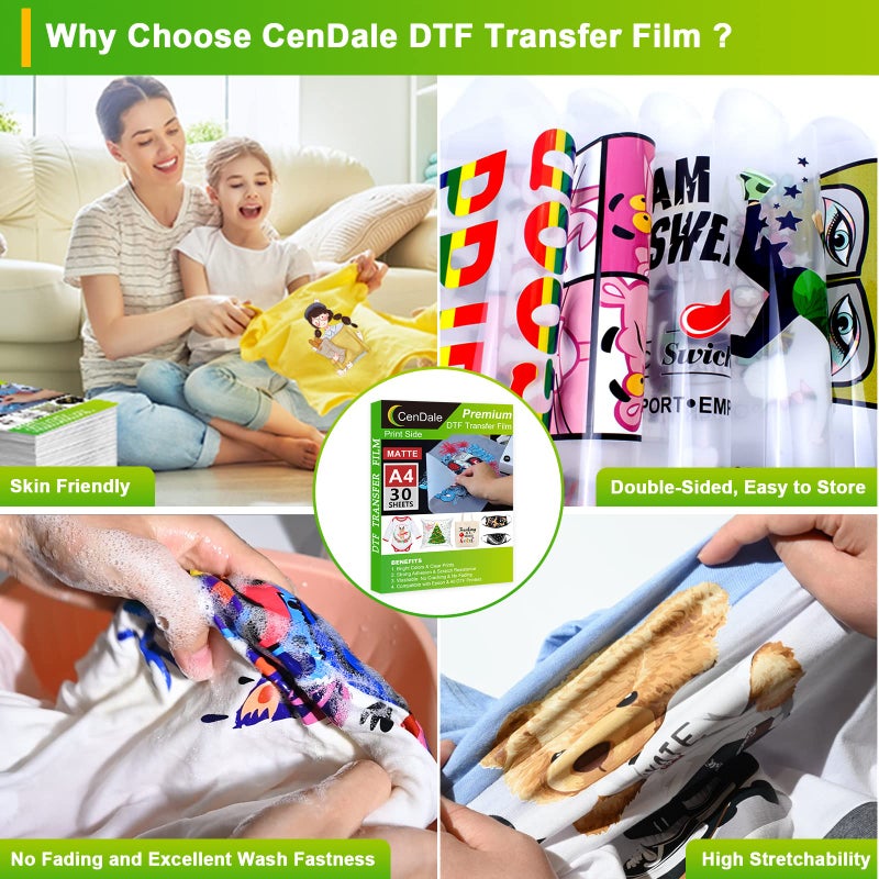 CenDale DTF Sublimation Kit - 30 Sheets A4 DTF Film for Sublimation Hack, 14oz DTF Powder Whiteï¼ŒDTF Transfer Starter Kit, Hot & Cold Peel DTF Transfer Film and Powder Kit for DTF & Sublimation Printer - Image 3