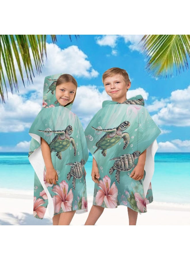 Mint Green Watercolor Sea Turtle & Hibiscus Printed Kids Hooded Quick Dry Poncho Towel, Polyester Soft Water Absorbent Windproof Bath Robe for Boys Girls, Loose Cover Up for Beach, Swimming Pool, Hot Spring and Daily Bath - Image 2