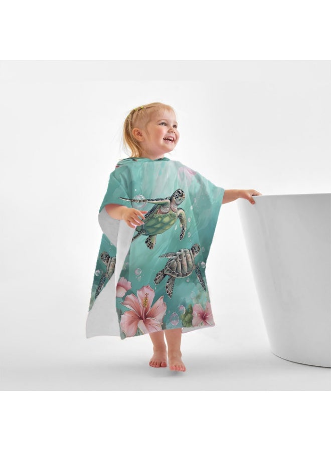 Mint Green Watercolor Sea Turtle & Hibiscus Printed Kids Hooded Quick Dry Poncho Towel, Polyester Soft Water Absorbent Windproof Bath Robe for Boys Girls, Loose Cover Up for Beach, Swimming Pool, Hot Spring and Daily Bath - Image 3