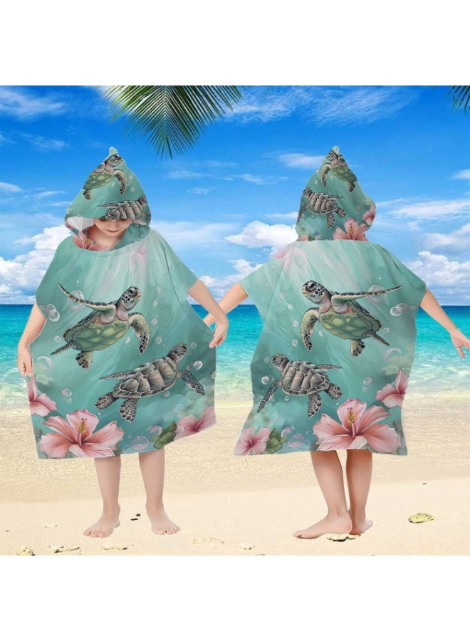 Mint Green Watercolor Sea Turtle & Hibiscus Printed Kids Hooded Quick Dry Poncho Towel, Polyester Soft Water Absorbent Windproof Bath Robe for Boys Girls, Loose Cover Up for Beach, Swimming Pool, Hot Spring and Daily Bath - Image 5