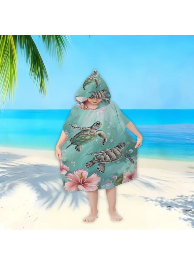 Mint Green Watercolor Sea Turtle & Hibiscus Printed Kids Hooded Quick Dry Poncho Towel, Polyester Soft Water Absorbent Windproof Bath Robe for Boys Girls, Loose Cover Up for Beach, Swimming Pool, Hot Spring and Daily Bath - Image 1