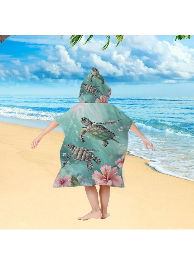 Mint Green Watercolor Sea Turtle & Hibiscus Printed Kids Hooded Quick Dry Poncho Towel, Polyester Soft Water Absorbent Windproof Bath Robe for Boys Girls, Loose Cover Up for Beach, Swimming Pool, Hot Spring and Daily Bath - Image 4