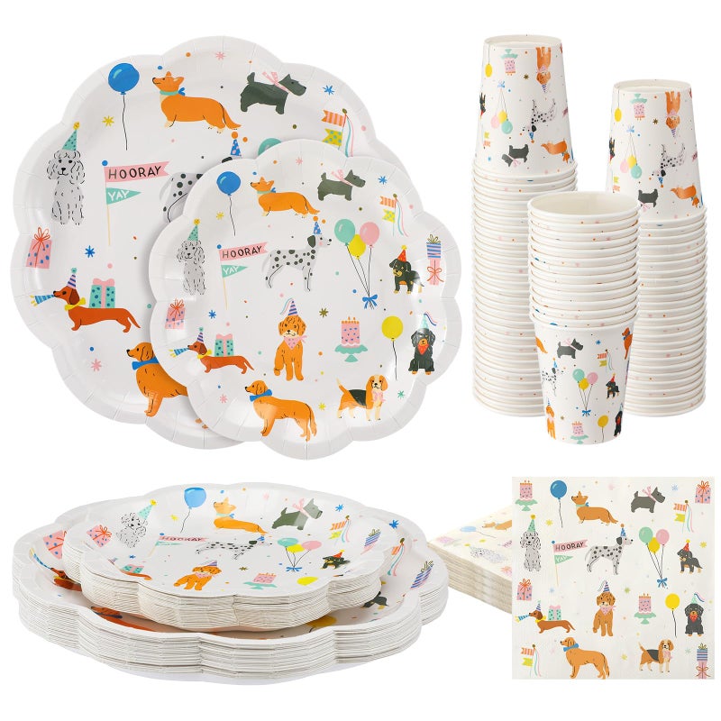 Jinei 100 Pcs Dog Theme Birthday Party Decorations Dog Prints Paper Plates Napkins Cups Tableware Set Disposable Dinnerware Serve 25 Guest Puppy Party Favors Supplies - Image 1