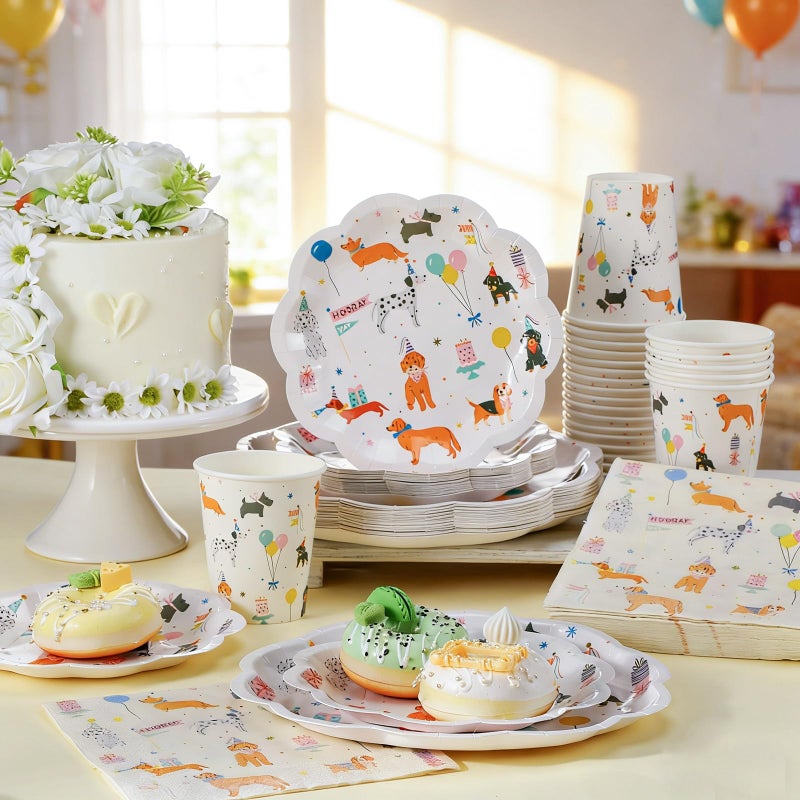 Jinei 100 Pcs Dog Theme Birthday Party Decorations Dog Prints Paper Plates Napkins Cups Tableware Set Disposable Dinnerware Serve 25 Guest Puppy Party Favors Supplies - Image 5