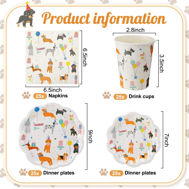 Jinei 100 Pcs Dog Theme Birthday Party Decorations Dog Prints Paper Plates Napkins Cups Tableware Set Disposable Dinnerware Serve 25 Guest Puppy Party Favors Supplies - Image 2