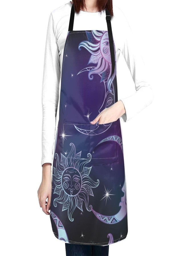 Wisedeal Sun Moon and Star Waterproof Adjustable Bib Apron with 2 Pockets, Cute Cooking Gardening Grilling Kitchen Chef Apron - Image 2