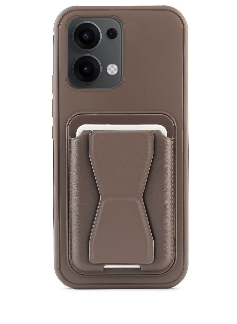 Leather back cover with card wallet Foldable Shockpoof Case compatible with Oppo Reno 13 5G (Dark Brown)