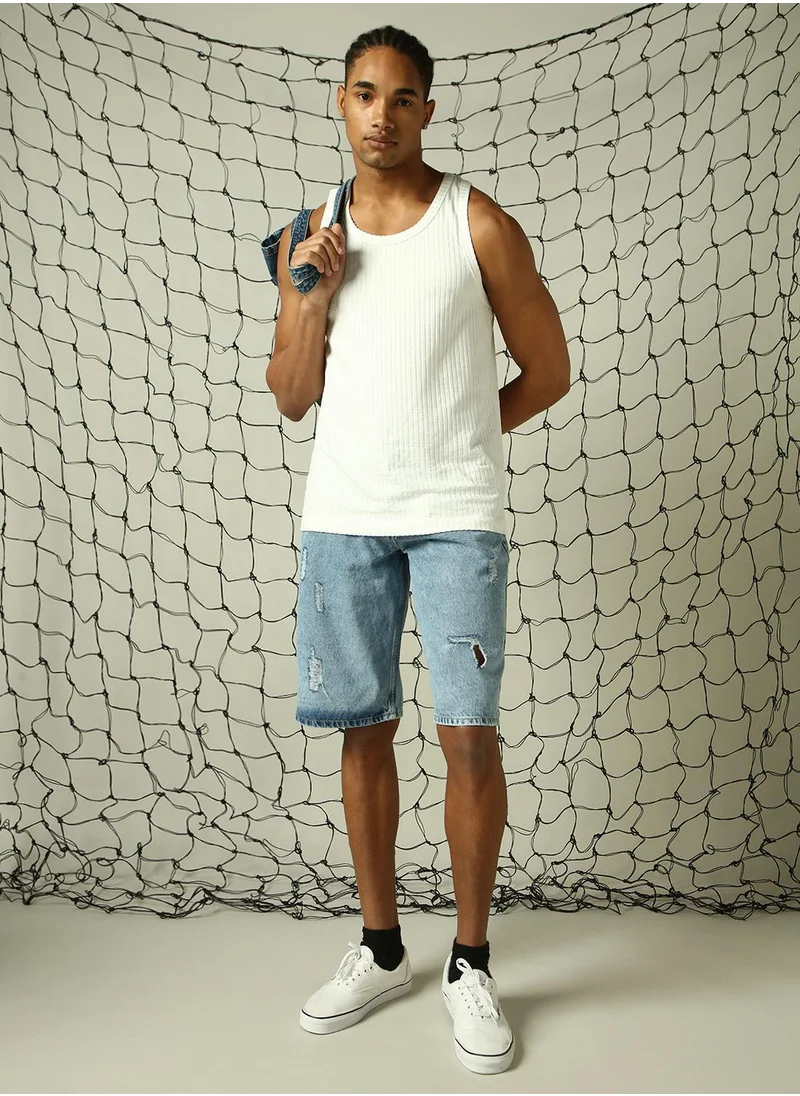 Hubberholme Men's Indigo 100% Cotton Distressed Cropped Loose Fit Shorts