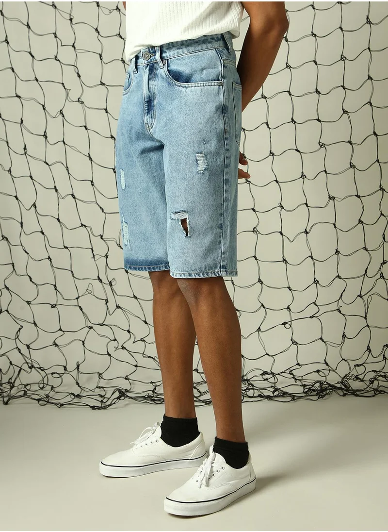 Hubberholme Men's Indigo 100% Cotton Distressed Cropped Loose Fit Shorts