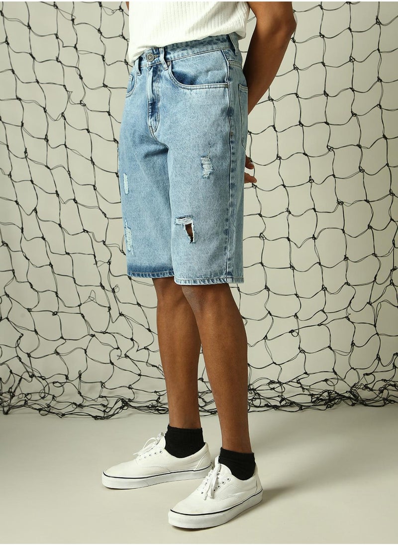 Hubberholme Men's Indigo 100% Cotton Distressed Cropped Loose Fit Shorts  - Image 2