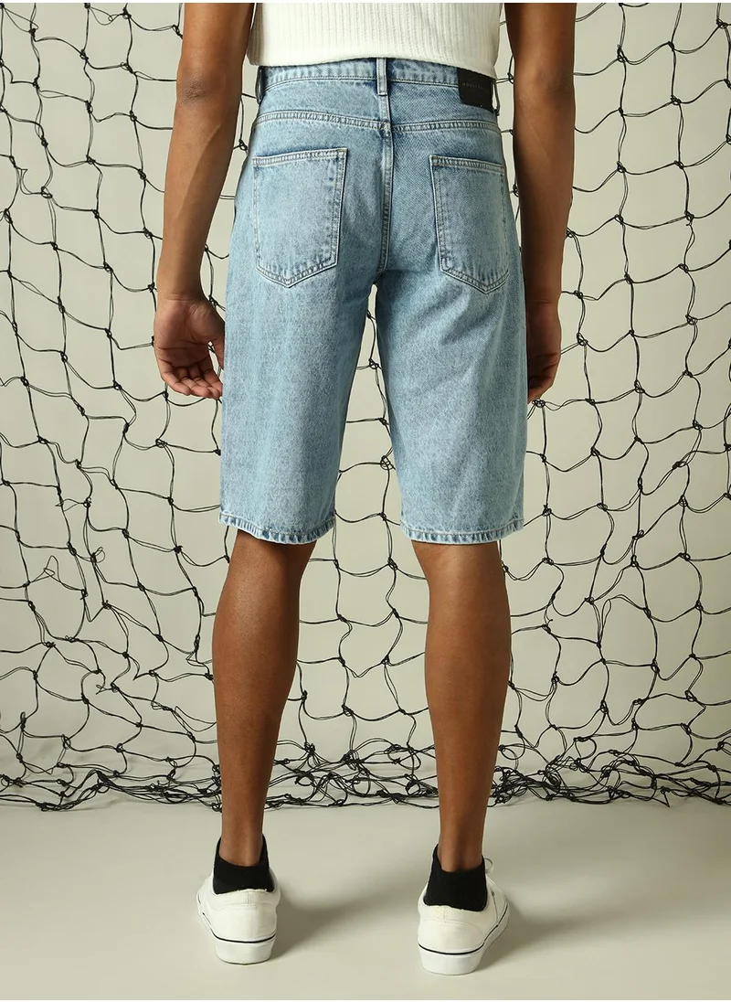 هوبرهولمي Men's Indigo 100% Cotton Distressed Cropped Loose Fit Shorts