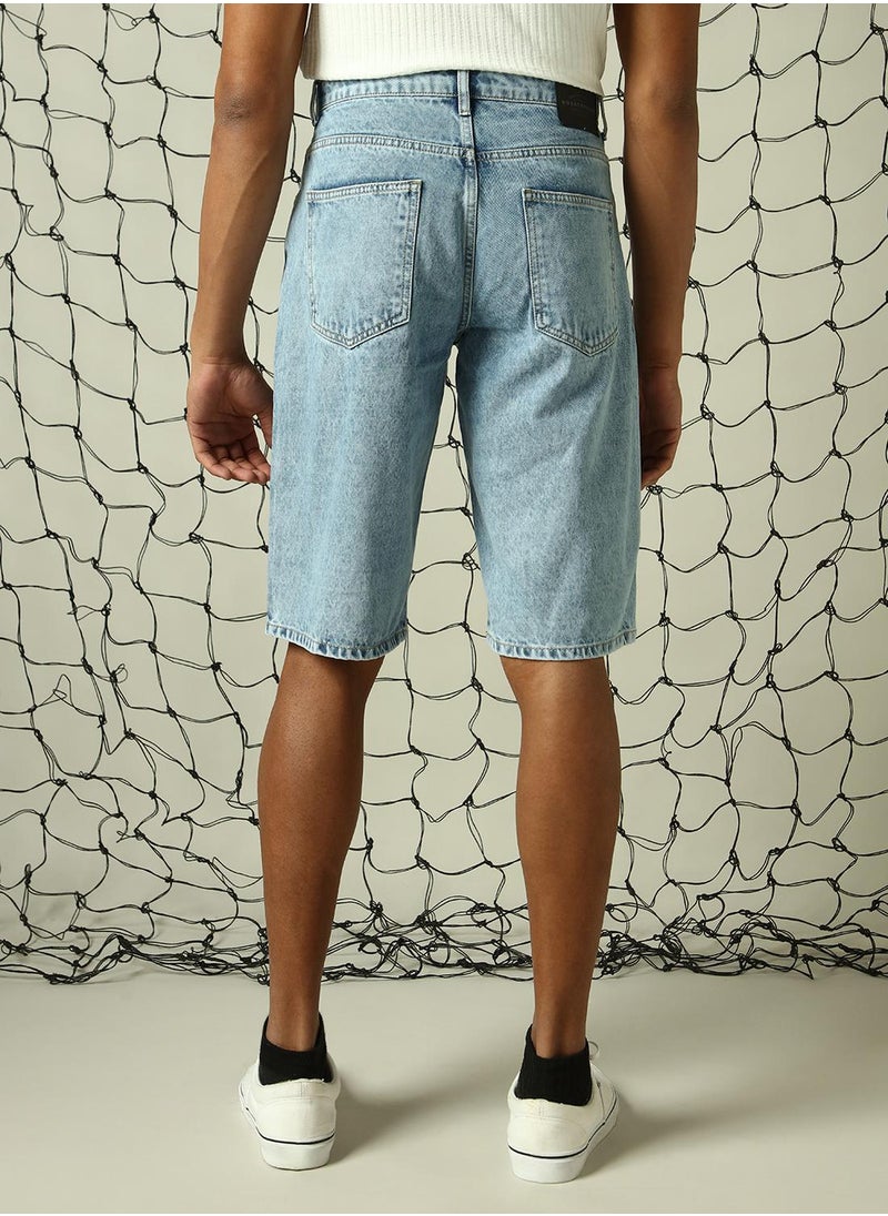 Hubberholme Men's Indigo 100% Cotton Distressed Cropped Loose Fit Shorts  - Image 3