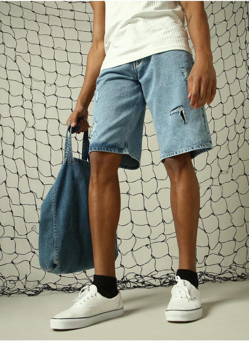 Hubberholme Men's Indigo 100% Cotton Distressed Cropped Loose Fit Shorts  - Image 5