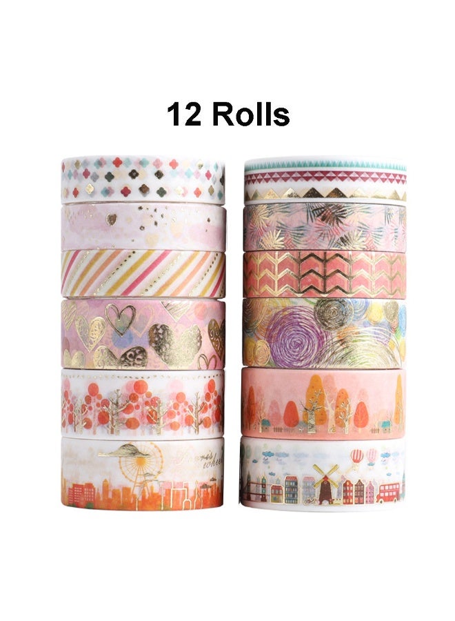 Gold Foil Washi Tape 12 Rolls, Floral Printed Cute Japanese Masking Washi Tape for Kid's DIY Craft, Journal Supplies, Scrapbook - Image 1